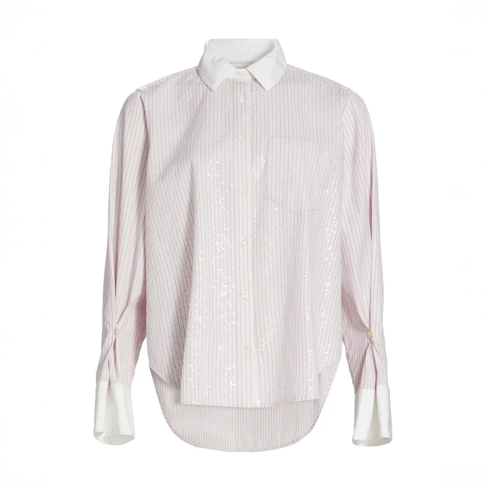 NWT Derek Lam 10 Crosby Wesley Sequined Striped Cotton Shirt Pink $395 - Size M - Picture 2 of 12